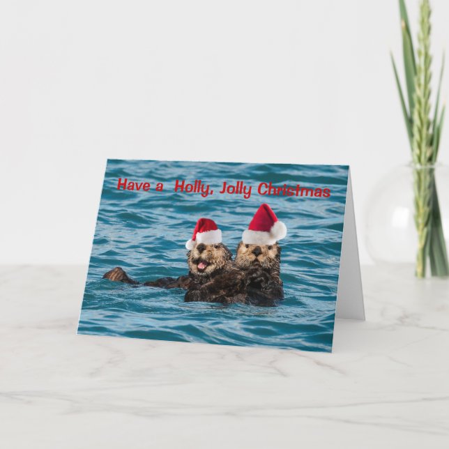 Wildlife Christmas Card, Otters Wearing Santa Hats Holiday Card (Front)