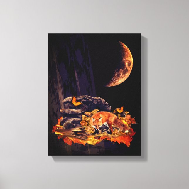 Wildlife collage with fox, hedgehog and amber moon canvas print (Front)