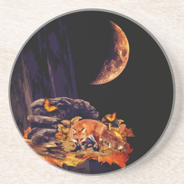 Wildlife collage with fox, hedgehog and amber moon coaster (Front)
