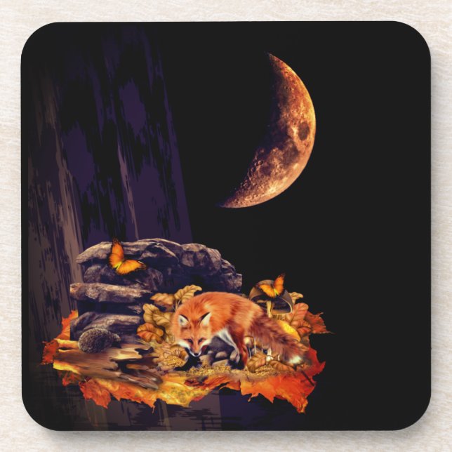 Wildlife collage with fox, hedgehog and amber moon coaster (Front)
