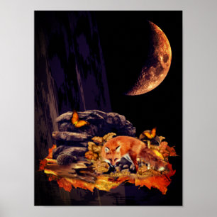 Wildlife collage with fox, hedgehog and amber moon poster