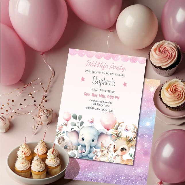 Wildlife Cute Animals Pink Birthday Party Invitation (Creator Uploaded)