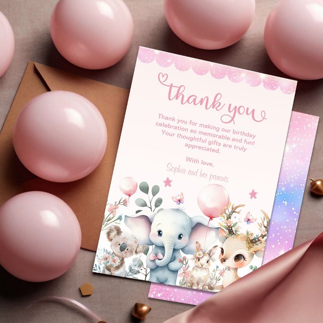 Wildlife Cute Animals Pink Birthday Party Thank You Card (Creator Uploaded)
