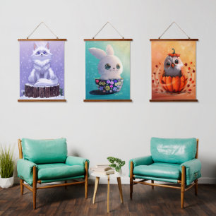 wildlife cute Forest animals : Fox, Owl, & Rabbit Hanging Tapestry