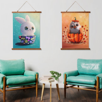 wildlife cute Forest animals : Owl, & Rabbit Hanging Tapestry