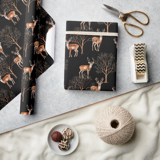 Wildlife Deer Neutral Hunting Black Wrapping Paper (Crafts)