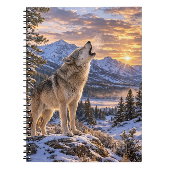 Wildlife Howling Gray Wolf Mountain Sunset Scene Notebook (Front)