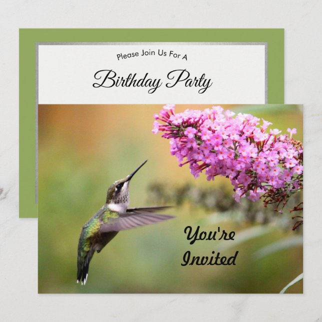 Wildlife Hummingbird Floral Photo Birthday Invitation (Front/Back)