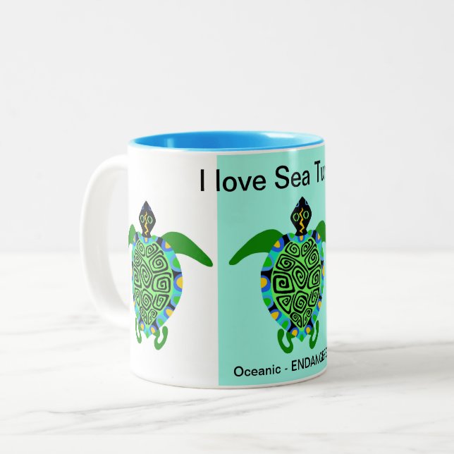 Wildlife -I love Sea TURTLES - Conservation - Aqua Two-Tone Coffee Mug (Front Left)
