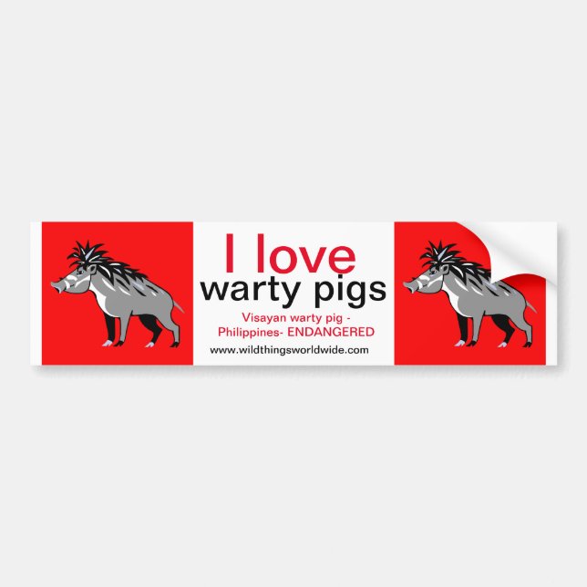 Wildlife -  I love Warty PIGS - Warthog - Red Bumper Sticker (Front)