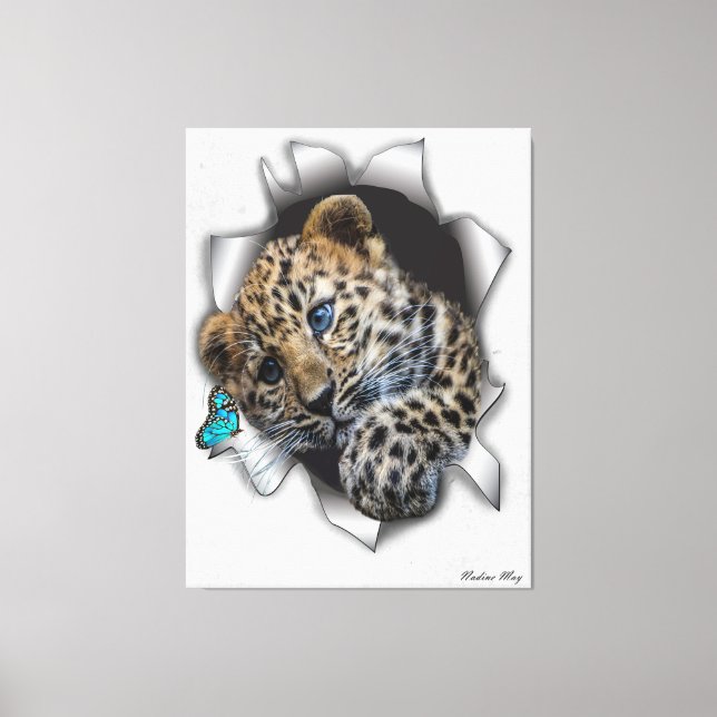 Wildlife Leopard cup chasing a butterfly  Canvas Print (Front)