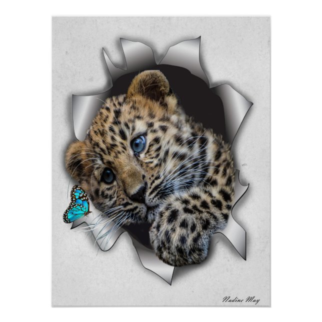 Wildlife Leopard cup chasing a butterfly Wood Wall Poster (Front)