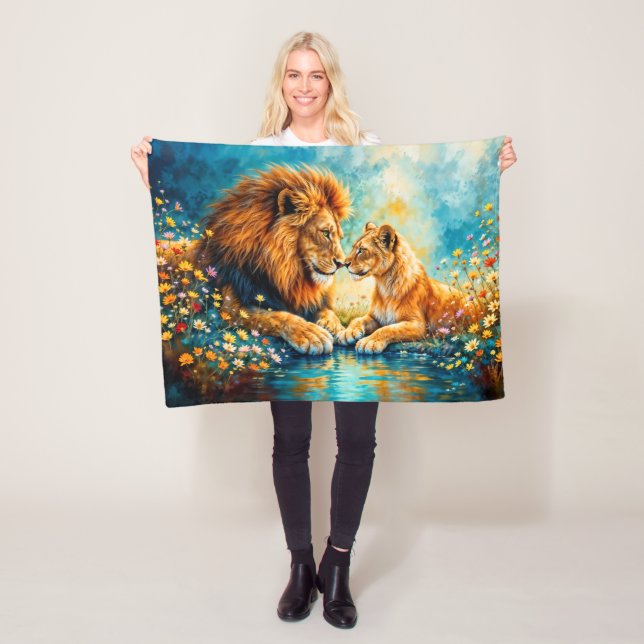Wildlife Lion Lioness fantasy romantic art Fleece Blanket (In Situ)