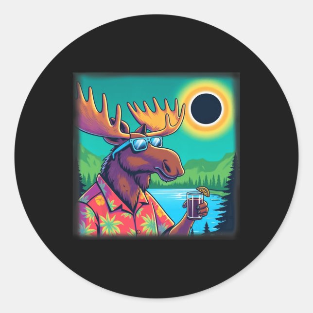 Wildlife Moose Watching Solar Eclipse  Classic Round Sticker (Front)