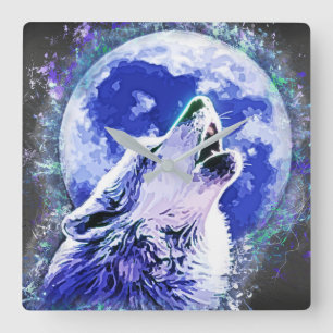 Wildlife Nature Wolf Howling at the Moon Square Wall Clock