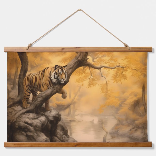 Wildlife Ochre Oil Painting – Tiger Waiting Hanging Tapestry (Front)