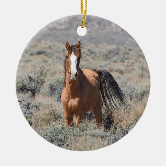 Wildlife ornament, wild horses ceramic tree decoration (Front)