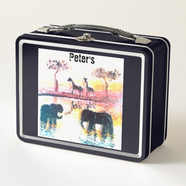 Wildlife Painting Elephants Giraffe Personalised Metal Lunch Box (Front)