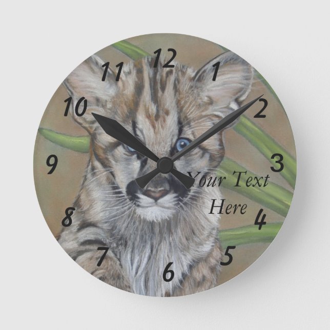 wildlife painting of cute big cat cougar kitten round clock (Front)