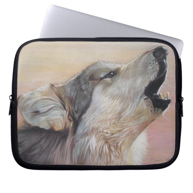 wildlife painting of howling grey wolf laptop sleeve (Front)