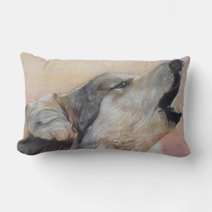 wildlife painting of howling grey wolf lumbar cushion