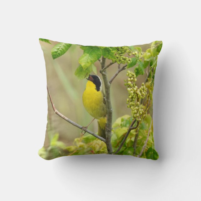 Wildlife pillow, birds, common yellowthroat cushion (Front)