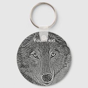 wildlife portrait painting of grey wolf key ring