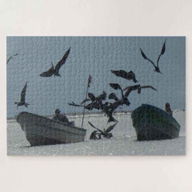 Wildlife Puzzle: Pelicans around Fishing Boats Jigsaw Puzzle (Horizontal)