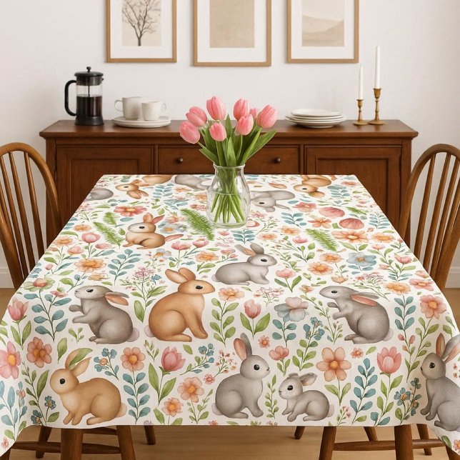 Wildlife Rabbit Pink Floral Pattern Tablecloth (Spring season wild rabbit tablecloth with pink floral pattern mockup )