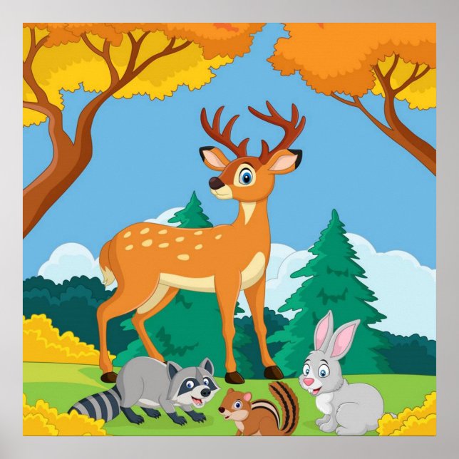 Wildlife Raccoon Chipmunk Rabbit Deer Fall Landsca Poster (Front)