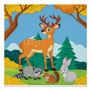Wildlife Racoon Chipmunk Rabbit Deer Fall Landsca Poster