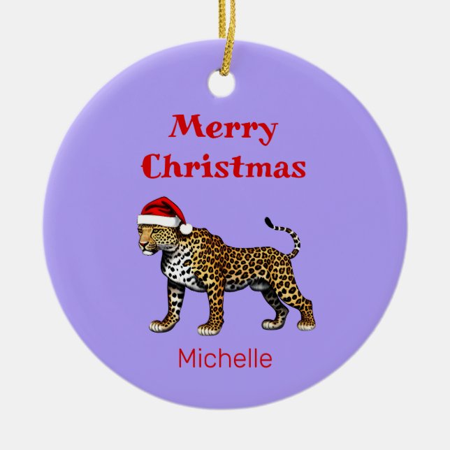 Wildlife Safari Animal Leopard Santa Hat Christmas Ceramic Tree Decoration (Front)