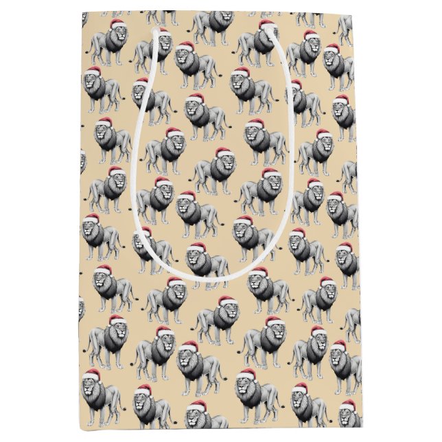 Wildlife Safari Animal Lion Santa Hat Christmas Medium Gift Bag (Front)