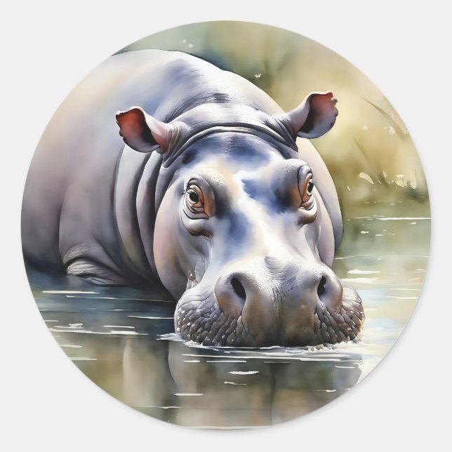 Wildlife Serenity Watercolor Hippo Classic Round Sticker (Front)