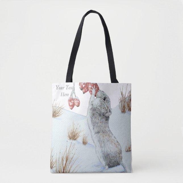 wildlife snow scene picture of cute field mouse tote bag (Front)