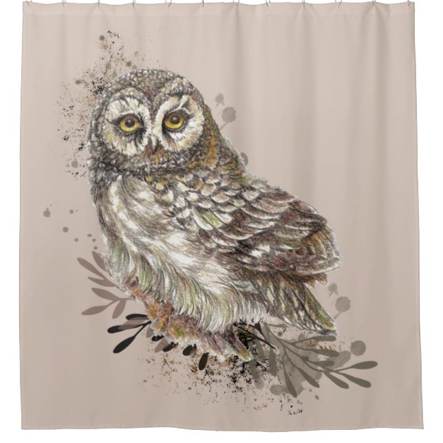 Wildlife Watercolor Art Nature, Owl, Bird, Shower Curtain (Front)