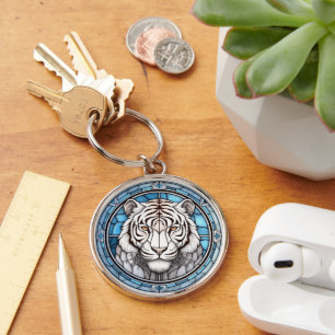 Wildlife White Tiger Stained Glass Key Ring