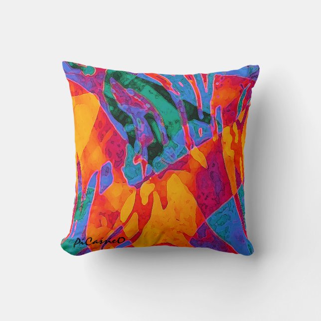 Wildly Colourful Abstract Art Pillow by PiCassieO (Front)