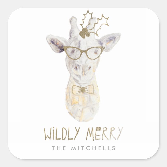 Wildly Merry Giraffe Holiday Gift Tag Sticker (Front)