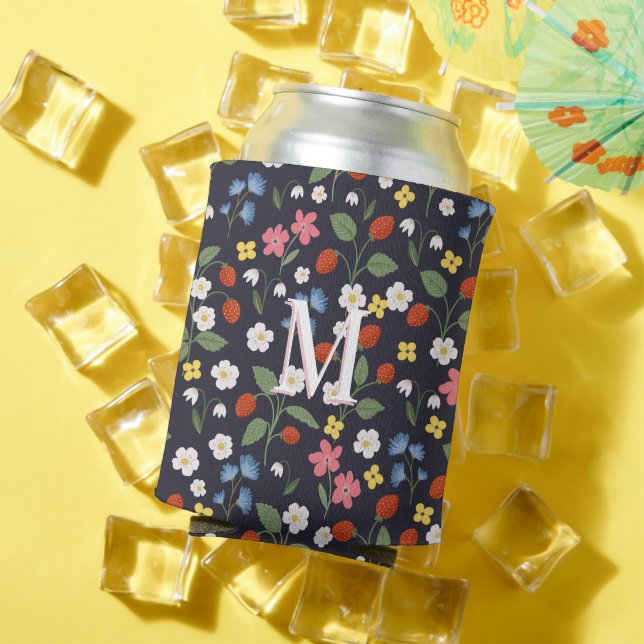 wildstrawberry patterned monogrammed  navy can cooler (In Situ Summer)
