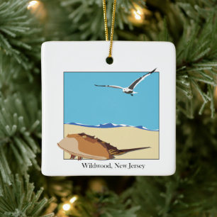 Wildwood, NJ Horseshoe Crab Seagull Beach Ceramic Ornament