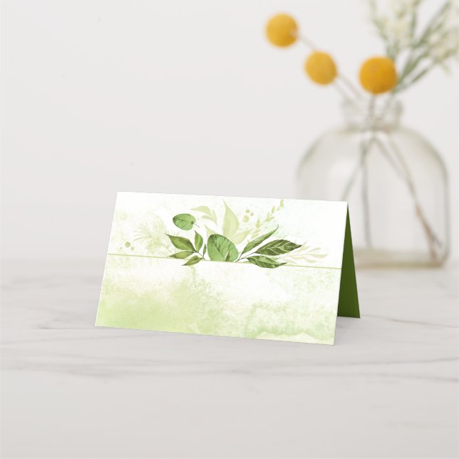 Wildwoods Botanicals Greenery Watercolor Splash Place Card (Front)