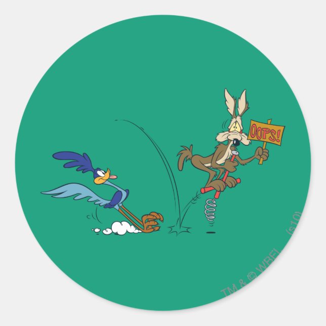 WILE E. COYOTE™ and ROAD RUNNER™ Pogo Stick Classic Round Sticker (Front)