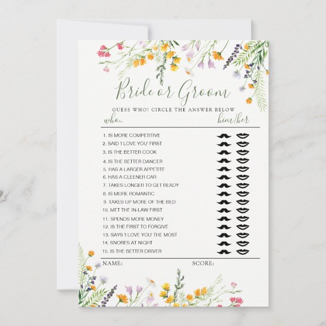 Wilflowers Bride or Groom game fully editable card (Front)