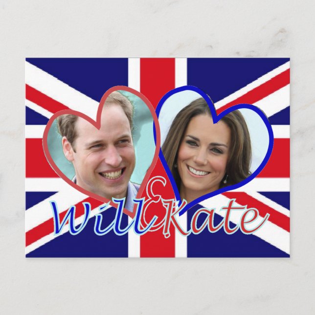 Will and Kate UK flag hearts Postcard (Front)