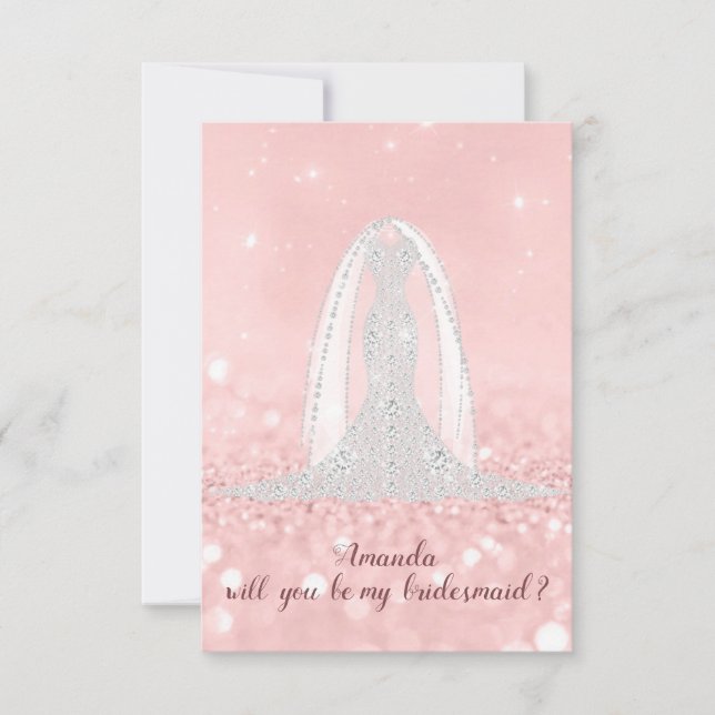 Will Bridesmaid Glitter Diamond Dress Pink Veil Invitation (Front)