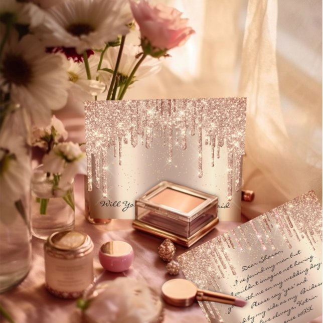 Will Bridesmaid Rose Glitter Drips Gold Confetti Postcard (Luxury Bridal Shower FlorenceK Design )