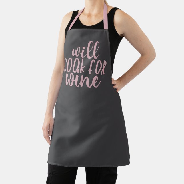Will Cook For Wine | Grey and Pink Drinking Quote Apron (Insitu)
