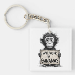 Will Work for Bananas - Humorous Monkey Sketch Key Ring