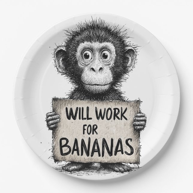 Will Work for Bananas - Humorous Monkey Sketch Paper Plate (Front)